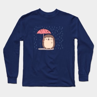 Sad Hedgehog Holding Umbrella In Rain Doodle Long Sleeve T-Shirt